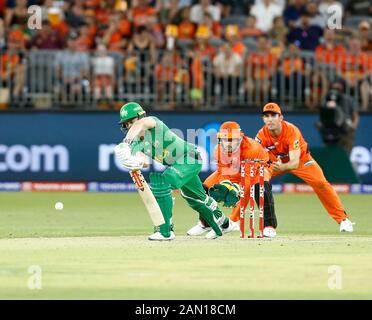 15 janvier 2020; Optus Stadium, Perth, Australie occidentale, Australie; Big Bash League Cricket, Perth Scorchers contre Melbourne Stars; Marcus Stoinis des Melbourne Stars joue un tir défensif lors de ses innings - Usage éditorial Banque D'Images