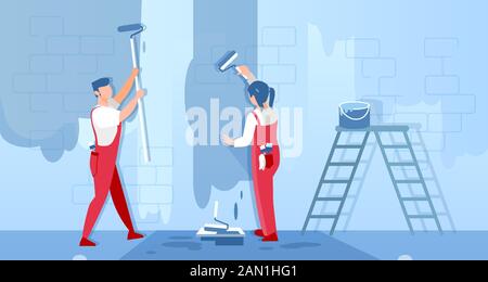 Vecteur d'un homme et d'une femme travailleurs de la construction peinture pour réparer le mur. Illustration de Vecteur