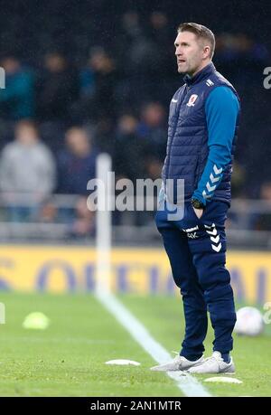 Londres, ANGLETERRE - JANUARY 14: Manager adjoint Robbie Keane de Middlesbrough pendant la coupe Emirates FA troisième ronde répondre match entre Tottenham Hotspur et Middlesborough le 14 janvier 2020 au stade Tottenham Hotspur, Londres, Angleterre. Banque D'Images