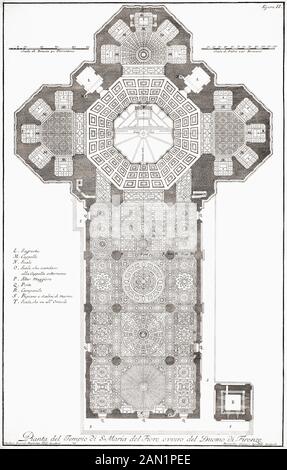 Plan d'étage de la cathédrale Santa Maria del Fiore sur la Piazza del Duomo, Florence, Italie. Après une oeuvre du milieu du XVIIIe siècle de Bernardo Sansone Sgrili. Banque D'Images