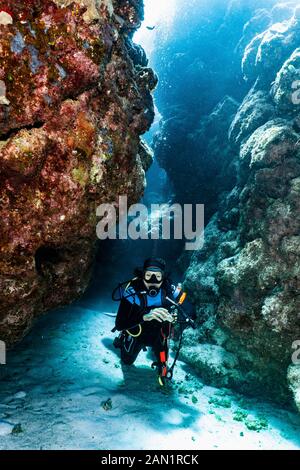 Plongée sous-marine explorant un canyon dans la grande barrière de corail en Australie Banque D'Images