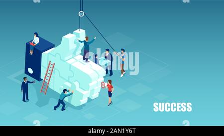 Vecteur d'un groupe de personnes construisant à partir de pièces de puzzle un pouce vers le haut comme signe Illustration de Vecteur