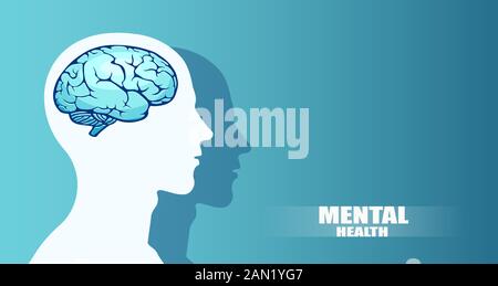 Silhouette vectorielle d'une tête humaine avec le cerveau. Concept de santé mentale Illustration de Vecteur