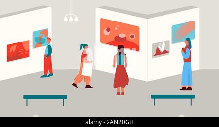 Les visiteurs de dessins animés admirent les peintures d'art modernes expositions à la galerie illustration plate vectorielle Illustration de Vecteur