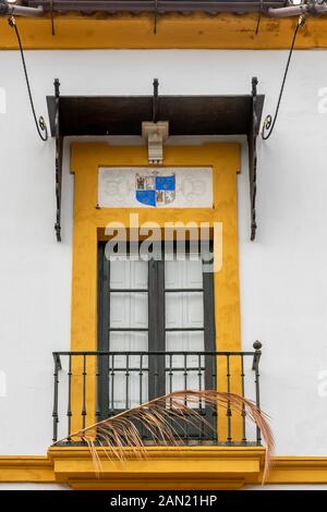 Une branche de palmiers de Pâques décorera le balcon aux couleurs vives d'un bâtiment blanchi à la chaux de Casa de Pilatos sur la Plaza de Pilatos. Banque D'Images