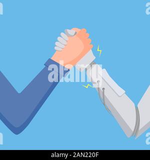 Le combat entre l'homme et le robot sur un fond bleu. Illustration de Vecteur