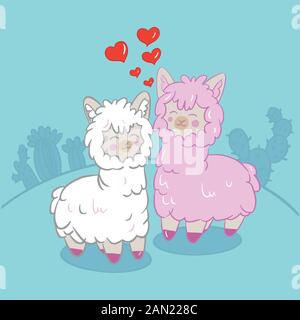 Illustration vectorielle de couleur de lamas animaux pour la Saint-Valentin, couples amoureux sur les arrière-plans. Illustration de Vecteur