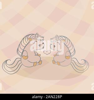 Illustration vectorielle de couleur des chevaux et des poneys pour la Saint-Valentin, couples amoureux sur les arrière-plans. Illustration de Vecteur