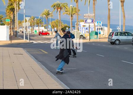 Skateboarders, rue bordée de palmiers, roquetas de mar, almeria, espagne Banque D'Images