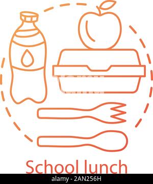 Cantine scolaire, icône de concept du déjeuner. Traiteur publicité idée fine ligne illustration. Bouteille de lait, boîte à déjeuner, pomme et couverts en plastique vecteur est Illustration de Vecteur