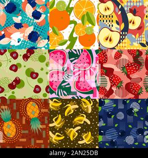 Ensemble de motifs abstraits sans couture aux fruits lumineux. Illustration de Vecteur