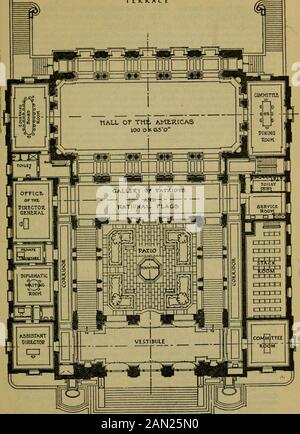 Rider's Washington; un guide pour les voyageurs, avec 3 cartes et 22 plans . orinthian colonnes. Les sidecolumns sont libres et regroupés par paires dans des allées latérales; les colonnes d'extrémité sont engagées. Les cinq fenêtres W., en réponse aux cinq entrées du foyer, ont des bordures colorées, composées des armes et d'autres symboles des républiques théaméricaines (Nicola DAscénzo, artiste). À chaque extrémité de la salle des Amériques se trouve une petite salle, conçue à l'origine pour la salle de conférence de la direction et la salle de réunion ou de restauration. Ce dernier (accessible depuis le foyer), a été baptisé le Colu Banque D'Images