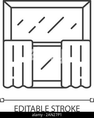 Icône linéaire des rideaux de café. Décor de cuisine. Étages suspendus sur des tringles de rideau de café. Traitements de fenêtres, revêtements. Illustration de la ligne fine. Symbole de contour. Ve Illustration de Vecteur