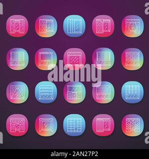 Les icônes des applications traitements de fenêtres et rideaux sont définies. Stores romains, stores, panneaux, volets. Décoration intérieure, magasin de décoration intérieure. Interface utilisateur UI/UX. Web ou Mo Illustration de Vecteur