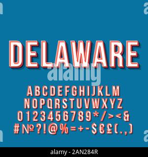 Gravure vectorielle en relief du Delaware. Police rétro en gras, police de caractères. Texte stylisé pop art. Lettres, chiffres, symboles, éléments de style ancien établissement scolaire. 90 Illustration de Vecteur