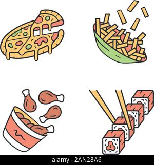 Jeu d'icônes de couleur Fast food. Pizza, frites, pilons de poulet, sushi. Cuisine italienne, américaine et asiatique. Plats gras. Restaurant, menu café. Iso Illustration de Vecteur