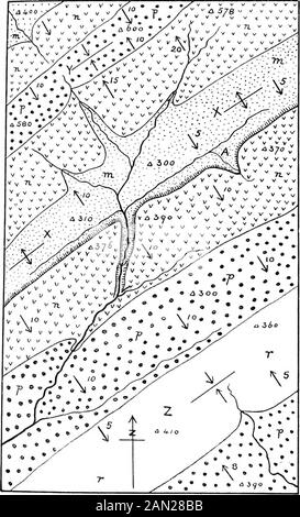 Cartes géologiques et topographiques, leur interprétation et leur utilisation, un manuel pour le géologue et l'ingénieur civil . ny districts qu'il est impossible pour lui de visiter, et l'aidera plus que toute autre partie de l'hiswork dans l'acquisition de cet oeil pour un pays sans quelconques géologie est impossible. Comme les méthodes d'interprétation ont déjà été décrites, il ne reste qu'à indiquer comment les variouspices de l'information obtenue de la carte peuvent être reliés ensemble pour former un historique du district. Ceci sera obtenu en donnant quelques exemples (Fig. 71-77), qui sont aussi des inte Banque D'Images