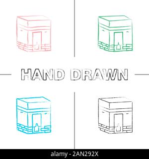 Jeu d'icônes dessinées à la main Kaaba. Hajj. Sanctuaire musulman. Culture islamique. Contour de la brosse couleur. Illustrations vectorielles isolées Illustration de Vecteur