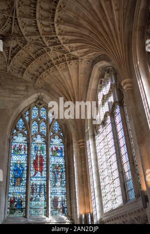 Image intérieur de la cathédrale de Peterborough, Cambridgeshire, Angleterre, Royaume-Uni - Ventilateur de plafond voûte détails de conception avec Vitrail- WOP Banque D'Images