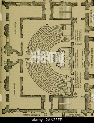 Rider's Washington; un guide pour les voyageurs, avec 3 cartes et 22 plans . des galeries qui s'étendautour des quatre côtés. L'espace sous ces galeries est *occupé du côté nord par Le Lobby du Sénat (p. y2&gt;) des trois autres côtés par des vestiaires pour Les Sénateurs. La surface du plancher est donc diminuée à 84 par 51 pi. La hauteur de plafond est de 36 pieds. Les murs sont en marbre et sont panédby pilasters regroupés par paires. Les portes, les bureaux et les chaises sont en acajou. Note en particulier le président du Sénat, dont le haut soutien est richement sculpté, est présenté à l'origine à la vice-présidence Banque D'Images