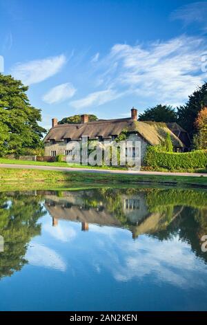 Thatched cottage et l'étang du village Ashmore, Cranborne Chase, Dorset, England, UK Août 2008 pas de biens Banque D'Images