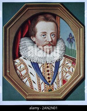 James VI et moi, James Charles Stuart, 19 juin 1566 – 27 mars 1625, Était roi d'Écosse comme James VI du 24 juillet 1567 et roi d'Angleterre et d'Irlande comme James I de l'Union des couronnes écossaises et anglaises le 24 mars 1603 jusqu'à sa mort en 1625, / James VI, James Charles Stuart, 19. Juni 1566 - 27. März 1625, waren vom 24. Juli 1567 König von Schottland als James VI und vom 24. März 1603 König von England und Irland als James I aus der Vereinigung der schottischen und englischen Kronen bis zu seinem Tod 1625, Historisch, amélioration de la reproduction numérique d'un original du 19ème cen Banque D'Images