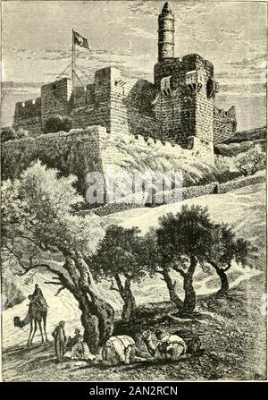 La Terre Sainte et la Bible; . La Citadelle De Jérusalem. (Vu troui la vallée d'Iliuuou). (VOIR PAGE 335.) LA TERRE SAINTE ET LA BIBLE. UN LIVRE D'ILLUSTRATIONS D'ÉCRITURE RASSEMBLÉES EN PALESTINE. Par CUNNINGLIAM GEIKIE, D.D., Vicaire de St. ifarthis au Palais de Norwich. AVEC UNE CARTE DE LA PALESTINE, ET 212 ILLUSTRATIONS REPRODUITES DU CÉLÈBRE TRAVAIL ALLEMAND DE LA DR. GEORG EBERS. M DEUX VOLUMES. VOL. I. ? NEW YORK: JOHN B. ALDEN, PUBLISPIER. 18 SS.holylandbible01geikuoft Banque D'Images