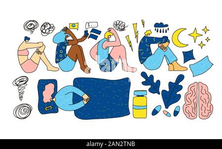 Ensemble de troubles mentaux. Collecte de personnes ayant des problèmes psychologiques. Personnes fatiguées avec différents problèmes isolés sur fond blanc. Hommes et femmes Illustration de Vecteur