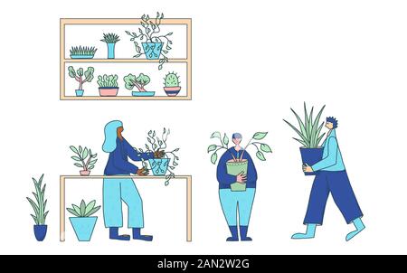 Club des amoureux de plantes. Événement communautaire pour propriétaires de maisons. Les gens se soucient de leurs fleurs en pot ensemble. Les amis de la compagnie passent le week-end avec leur hobb Illustration de Vecteur