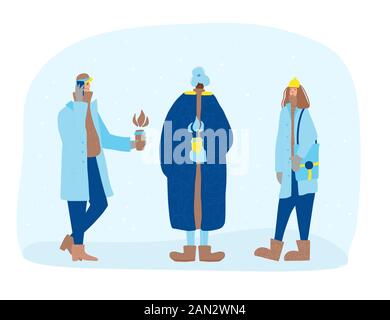 Trois amis isolés sur fond blanc. Des personnages adultes habillés de vêtements chauds. Jeune homme élégant et deux femmes de fantaisie avec tasse à café debout o Illustration de Vecteur