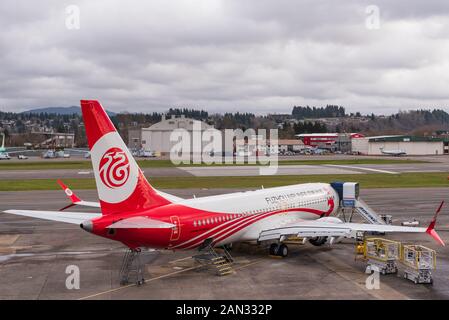 737 avions nouvellement assemblé MAX pré-final l'objet d'essais en vol sur Renton Field avant leur premier vol Banque D'Images