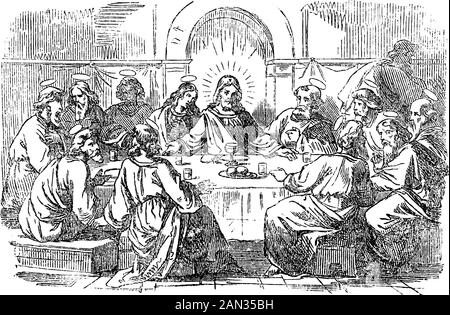 Dessin vintage ou gravure de l'histoire biblique de Jésus et le dernier souper. Jésus et douze disciples mangent autour de la table.Bible,Nouveau Testament,Matthieu 26,Marc 14,Luc 22,Jean 13. Biblische Geschichte , Allemagne 1859. Illustration de Vecteur