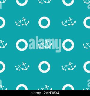 Ancres vectorielles tracées à la main et bouées de vie en conception nautique. Motif géométrique transparent sur fond aqua aquarelle. Pour l'été, vacances Illustration de Vecteur