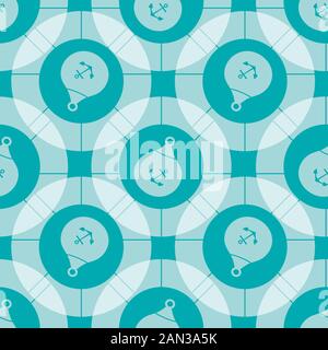 Conception vectorielle abstraite avec ancres et bouées de vie en chevauchement transparent. Motif géométrique sans couture sur fond bleu océan. Pour l'été Illustration de Vecteur