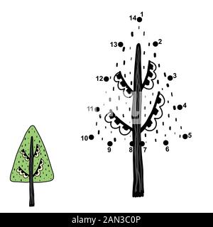 Connectez les points et dessinez un arbre. Jeux de numéros pour les enfants Illustration de Vecteur