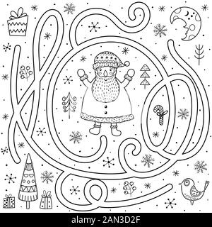 Jeu de labyrinthe noir et blanc pour les enfants. Aidez le Père Noël à trouver le chemin vers l'arbre de Noël Illustration de Vecteur