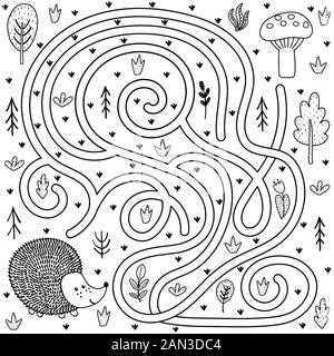 Jeu de labyrinthe noir et blanc pour les enfants. Aidez le hérisson à trouver le chemin vers le champignon Illustration de Vecteur