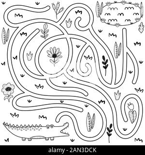 Jeu de labyrinthe noir et blanc pour les enfants. Aidez le crocodile à trouver le chemin vers la rivière Illustration de Vecteur