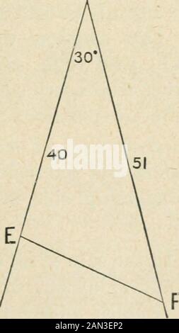 Géométrie du plan élémentaire : inductive et déductive / par Alfred Baker . Régler le biseau ou le rapporteur à l'angle B, et également à l'angle E, et comparer soigneusement les magnétudes de ces deux angles. De la même manière, comparer les grandeurs des angles C et F. Avec les dividerscomparer les magnitudes des côtés BC et EF. 24 Géo^iétrie. En outre, rut un triangle du papier, et place itsur l'autre. À partir de cette superposition, quelle conclusion dessinez-vous sur les zones des deux triangles ? Répéter la même construction, mesure et superposition avec les triangles suivants : deux qui Banque D'Images