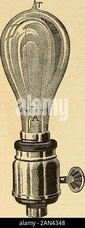 Leçons en électricité pratique; principes, expériences, et problèmes arithmétiques, un livre de texte élémentaire . tingthread. Les filaments sont ensuite mesurés avec soin en fonction de leur longueur et de leur diamètre, et assortis pour les différentes dimensions de lampes dans lesquelles ils doivent être utilisés; la longueur de fila-ment est presque proportionnelle à la tension, et la surface, à la puissance de la bougie. Les filaments sont ensuite traités par le processus clignotant, dont l'objet est d'assurer l'inrésistance à la force et à l'uniformité. Pour ce faire, insérez le filtre dans un récipient fermé contenant du gaz hydrocarbure, puis Banque D'Images