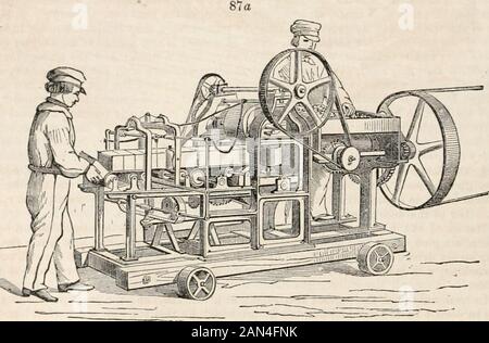 Un supplément au dictionnaire Des arts, Des Manufactures et des mines De L'Ures, contenant une exposition claire de leurs principes et de leur pratique. . les brises de cinq ou six briques garent la plus grande exactitude à la main. Certaines de ces machines ont les deux boîtes sur un côté, et les plongeurs ont travaillé par des manivelles. Cette machine ne peut pas faire des briques à moins que l'argile passée précédemment à travers des rouleaux, si grossier; pour quelque chose à tout rugueux, comme la pierre ou la substance otheriard, pendrait dans les langues de la matrice. Mais l'argile qui est après-coup sur la machine, est si soigneusement tempérée et mélangée, que les briques, lorsqu'elles sont faites, Banque D'Images