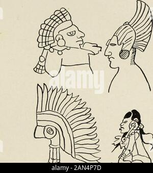 Amérique Centrale et du Mexique, des antiquités, des systèmes de calendrier et d'histoire ; . Je m n 0 Fig. 128. Des coiffures, de Maya codices et monuments. et plumes, alors qu'il pend derrière long withfeathers entrelacées, et de rubans. Une coiffe composée d'une sorte d'archet ou noeud est plus commonin {les manuscrits d, codex de Dresde, page 68, et e et /, CodexCortesianus, page 11). Chose étrange, il ne se produit pas ailleurs,soit parmi les reliefs ou les figures d'argile ; une autre substitution pecul- Bureau of American Ethnology Bulletin 28 PLATE XLVI. Banque D'Images