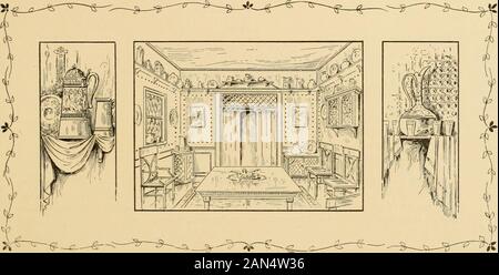 Accueil artistique : la lecture de ce qui donnera la ménagère moderne d'une centaine d'idées différentes pour l'embellissement de la maison ; toutes les illustrations une nouvelle pensée. . Siège Hospitalitys .ERE nous montrent une salle à manger coloniale présentant une étagère au-dessus de la photo-moulage pour plaques, tasses, etc. Les murs sont en terre cuite, avec de grands panneaux de toile à clous d'argent. Boiseries blanches. Treillis en forme de losange à la porte et windows est efficace. Des plaques de métal et des peintures ou des tapisseries de la gaze sont affichés dans les panneaux. Les meubles sont fabriqués dans le modèle colonial, blanc ou d'acajou. Banque D'Images