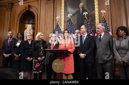 Washington, DC, USA. 15 Jan, 2020. 15 janvier 2020 - Washington, DC, United States : représentante américaine Nancy Pelosi (D-CA) s'exprimant lors de la cérémonie de signature d'engrossment les articles de mise en accusation. Crédit : Michael Brochstein/ZUMA/Alamy Fil Live News Banque D'Images