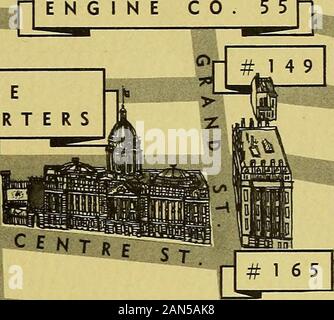 Découvrez New York avec Henry Hope Reed, Jr.-- : une série de visites à pied bien mappé, réimprimé dans les pages du New York Herald Tribune . Début 2O o CLEVELAND PL. * C E NT r £ $.. Ken Frtiaerald Sur la route : une fois les sites du centre du marché, maison, Odd Fellows et Brewster & Co., achevée en 1894 de la Banque mondiale par McKim, Mead, &Blanc. Le Colonel Hoppin, travaillent pour cette entreprise à l'époque, était l'homme responsable de sa conception. Lanternes (Thespiked à l'entrée pourrait être termedthe la signature des entreprises.) dans le fronton sont twoseated des figures féminines et deux lions ; la figure surle côté gauche est de placer une guirlande de Banque D'Images