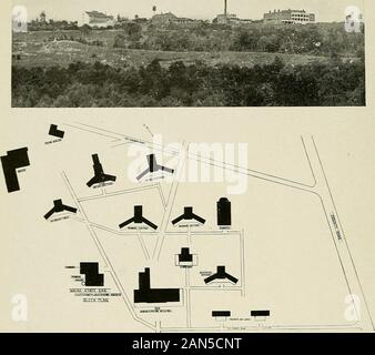 La tuberculose et la construction de l'hôpital sanatorium ; . HEESZESmUQH : n° 10.-Essex County Hospital de la tuberculose pour les cas avancés, Soho, N. J. Hurd & Sutton,Architectes. Voir d'Bcildixgs à partir de l'arrière et côté Oxe et blocage d'ShowingMethod Plan de regroupement des bâtiments sur une colline antj de les connecter par un passage couvert.Capacité, Patient 84.s. Estim.tion, coût de 75 000 $. 33 ?&gt ; la Section I. n° II.-Sanatorium de l'État du Maine, Hébron, Me T. C. Stevens et J. H. Stevens, architectes.Voir et bloquer Plan montrant ^Méthode de groupage des pavillons à l'arrière du bâtiment et theAdministration Power House. Capac Banque D'Images