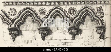 Une introduction à l'étude de l'architecture gothique . 108. Beverley Minster, o. 1220. Les corbeaux ont l'ornement appelé une boucle ou mask ; le projectingtable horizontale, ou tablette, transportés par les corbeaux, a la dent-ornement. 132 EARLY ENGLISH CORBEL-TABLES. du parapet ; mais le plus souvent, surtout que the advanced style, de petits arcs trilobés sont introducedbetween les corbeaux, et ceux-ci deviennent plus enrichi. 109. NoUey Abbaye, c. 1250.Trefoiled corbel-table. et moins gras, comme à Notley Abbey, Bucks. (109), jusqu'à ce que,dans le style de réussir, cette fonction est tout à fait mergedin la corniche Banque D'Images