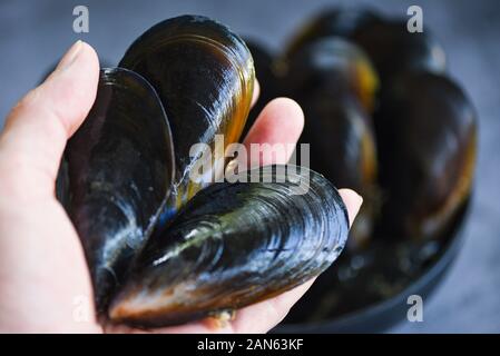 Des moules crues en main / des fruits de mer les fruits de mer sur glace dans le restaurant ou à la vente dans le moule du marché alimentaire shell Banque D'Images