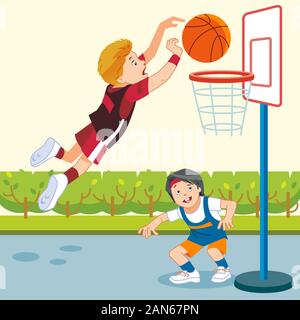 Les enfants jouent au basket-ball dans une aire de jeux. Cartoon vector Illustration de style, télévision. Illustration de Vecteur