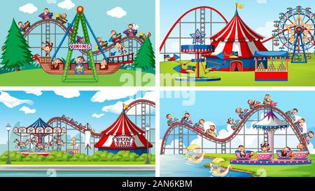 Quatre scènes d'arrière-plan avec des singes heureux équitation dans le parc illustration Illustration de Vecteur